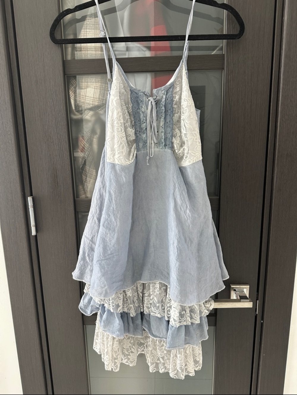 Beulah Pale Blue Lace-Up Lace Paneled Dress